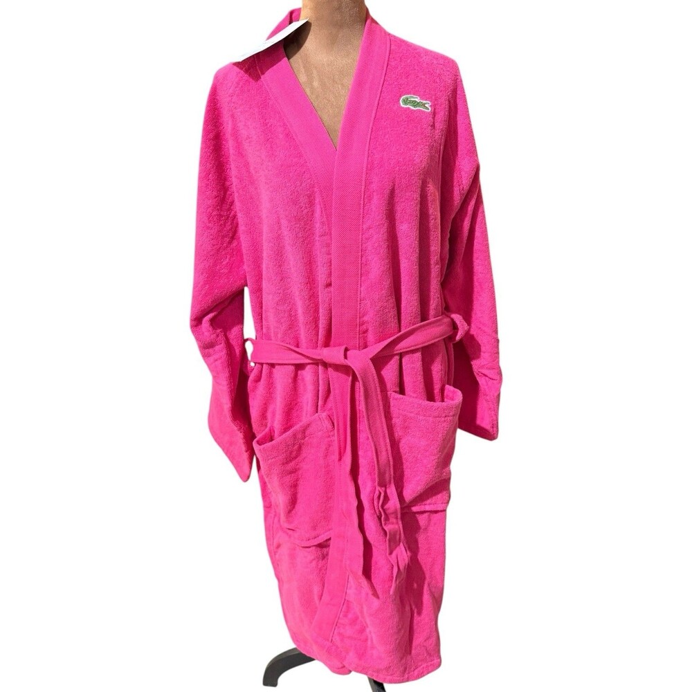 Lacoste Home Logo Patch 100% Cotton Pique Bath Robe ,Magenta ,One Size.